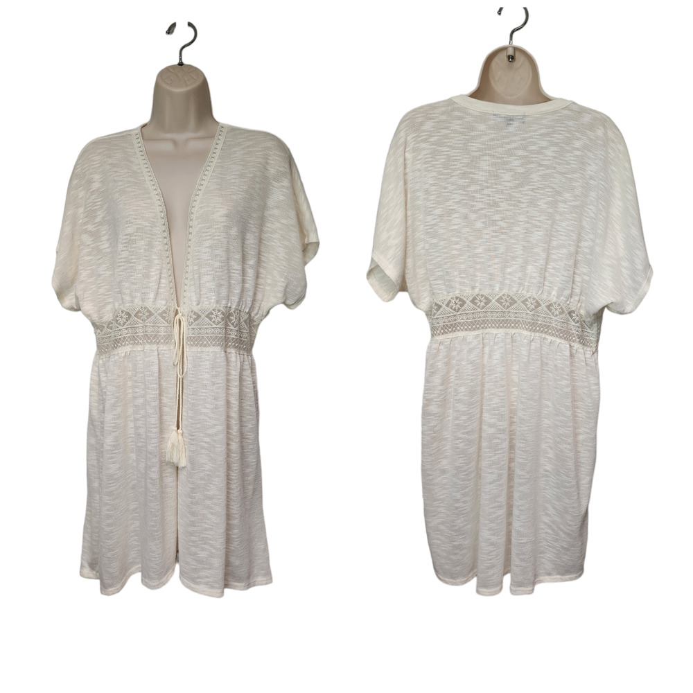Almost Famous V-Neck Kimono Short Sleeve Tie Waist Lace Accent Cardigan Cream XL